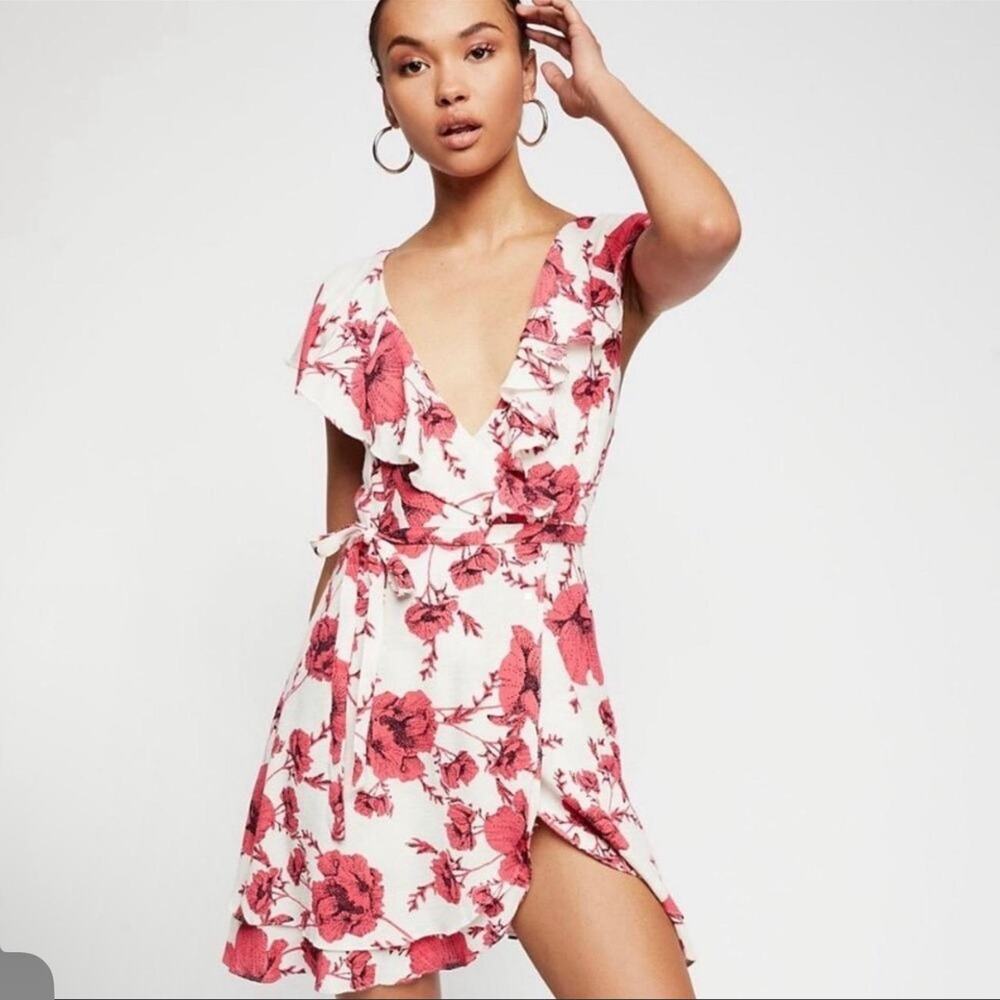 Free People French Quarter Wrap Dress M Red Floral Ruffle Mini Boho